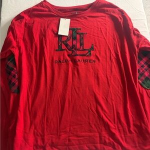 Ralph Lauren Red Long Sleeve Logo Shirt Plaid Patch Sleeves NWT Medium